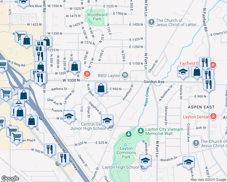 map of restaurants, bars, coffee shops, grocery stores, and more near 118 East 950 North in Layton