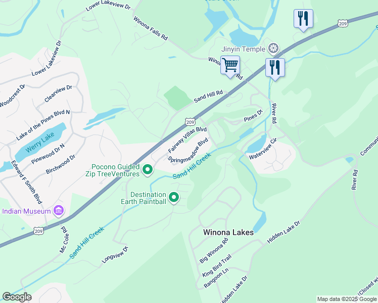map of restaurants, bars, coffee shops, grocery stores, and more near 1634 Springmeadow Boulevard in East Stroudsburg