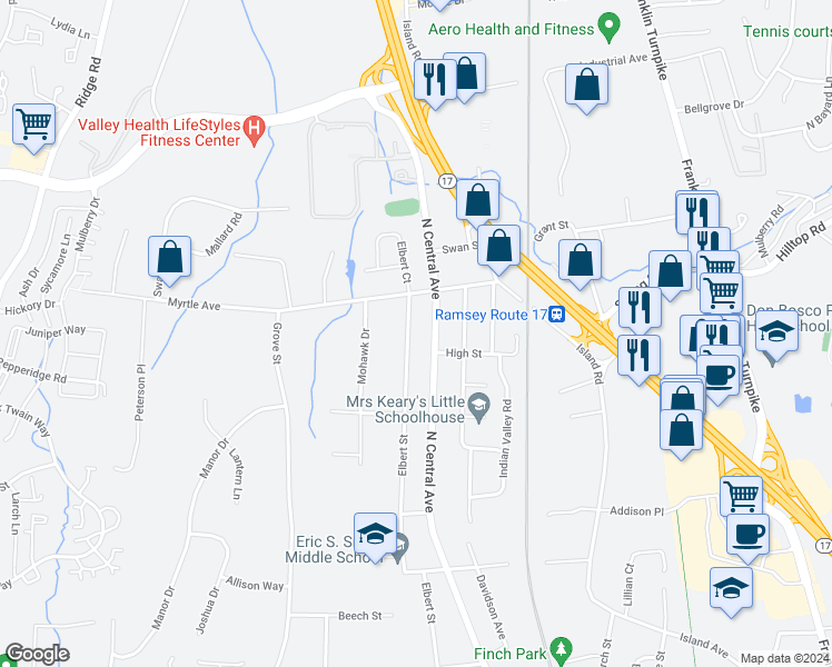 map of restaurants, bars, coffee shops, grocery stores, and more near 442 Elbert Street in Ramsey