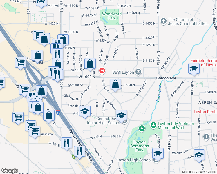 map of restaurants, bars, coffee shops, grocery stores, and more near 13 East 900 North in Layton