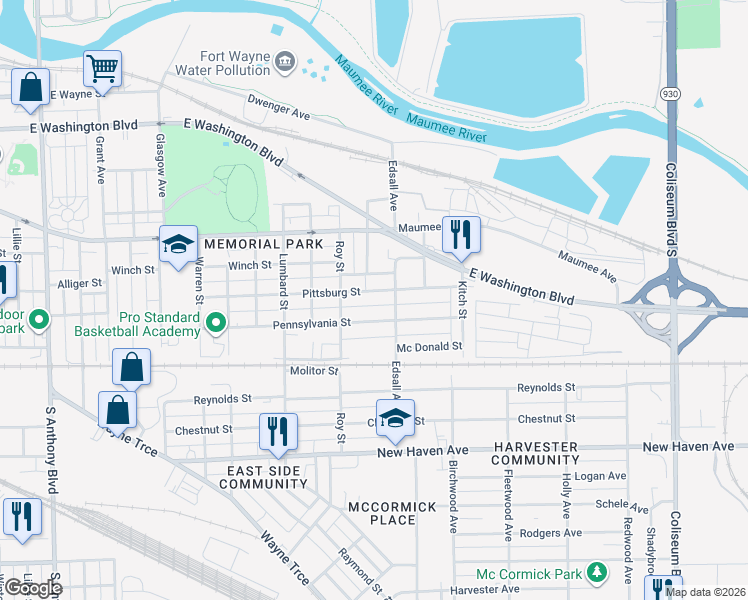 map of restaurants, bars, coffee shops, grocery stores, and more near 2821 Pennsylvania Street in Fort Wayne