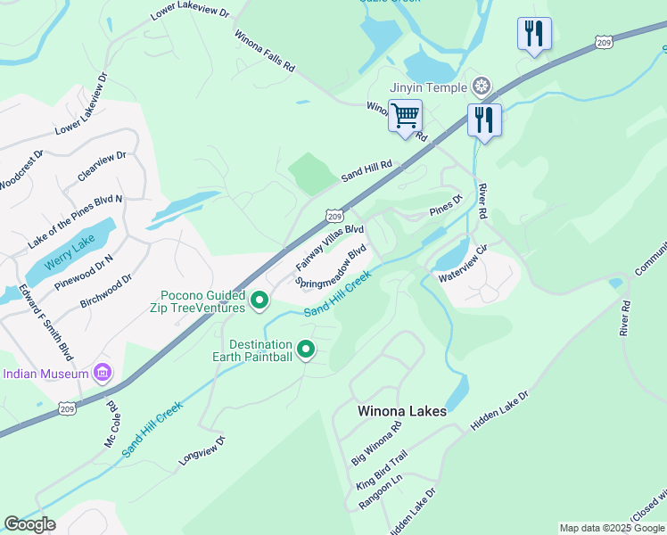 map of restaurants, bars, coffee shops, grocery stores, and more near 1634 Springmeadow Boulevard in East Stroudsburg