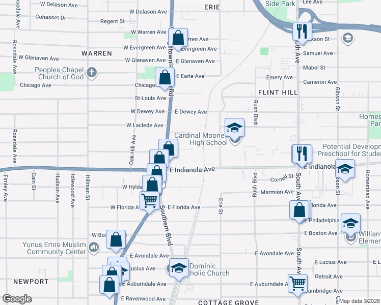 map of restaurants, bars, coffee shops, grocery stores, and more near 55 East Princeton Avenue in Youngstown