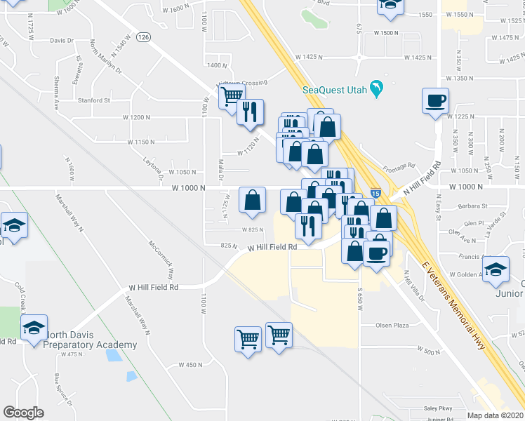 map of restaurants, bars, coffee shops, grocery stores, and more near 955 West Gordon Avenue in Layton