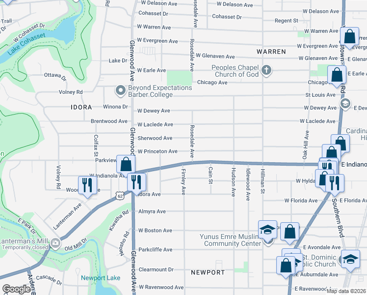 map of restaurants, bars, coffee shops, grocery stores, and more near 535 West Princeton Avenue in Youngstown