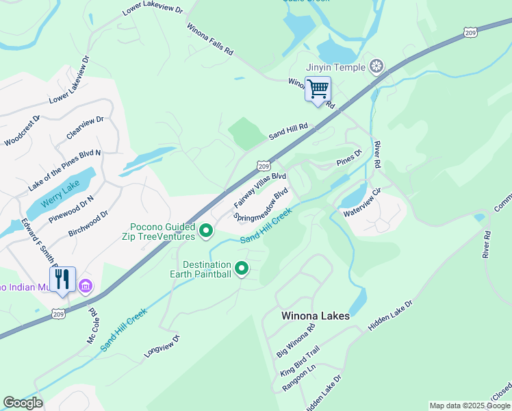 map of restaurants, bars, coffee shops, grocery stores, and more near 1656 Springmeadow Boulevard in East Stroudsburg