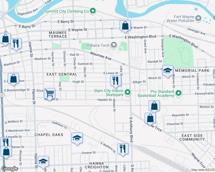 map of restaurants, bars, coffee shops, grocery stores, and more near 1319 McCulloch Street in Fort Wayne
