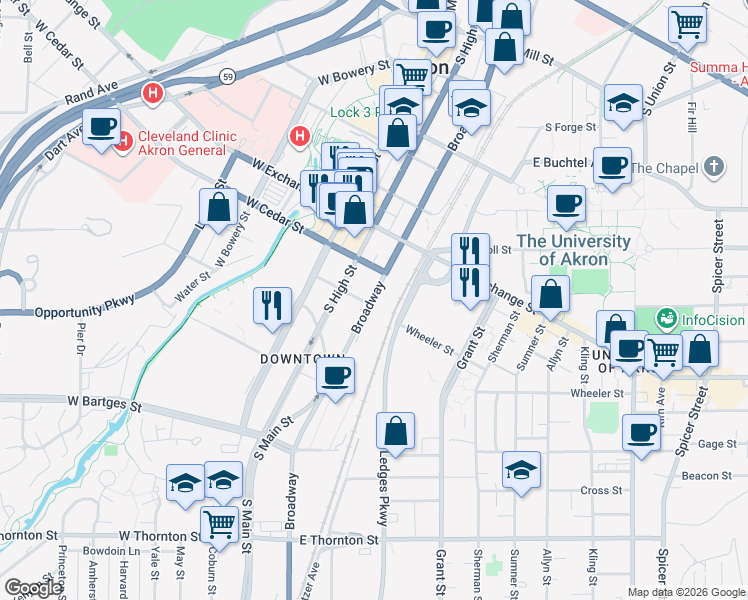 map of restaurants, bars, coffee shops, grocery stores, and more near 465 South Broadway Street in Akron