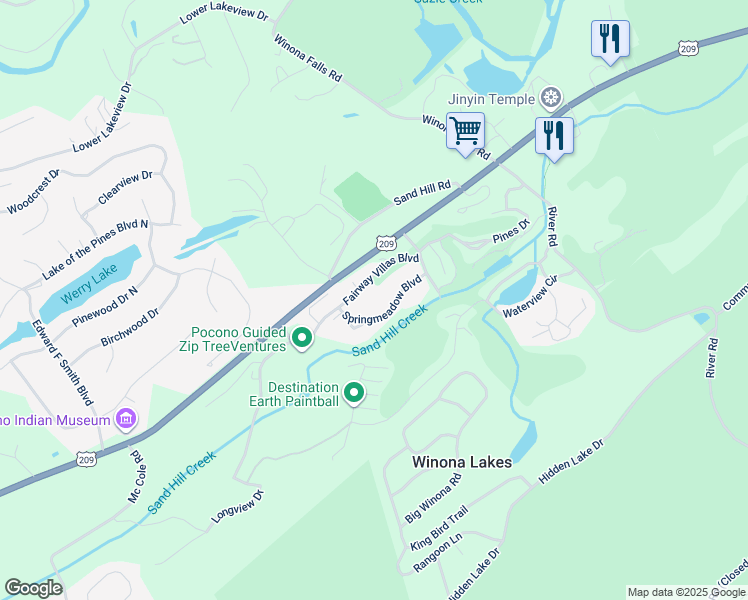 map of restaurants, bars, coffee shops, grocery stores, and more near 1656 Springmeadow Boulevard in East Stroudsburg