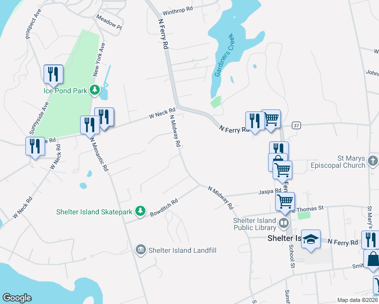 map of restaurants, bars, coffee shops, grocery stores, and more near 62 North Midway Road in Shelter Island