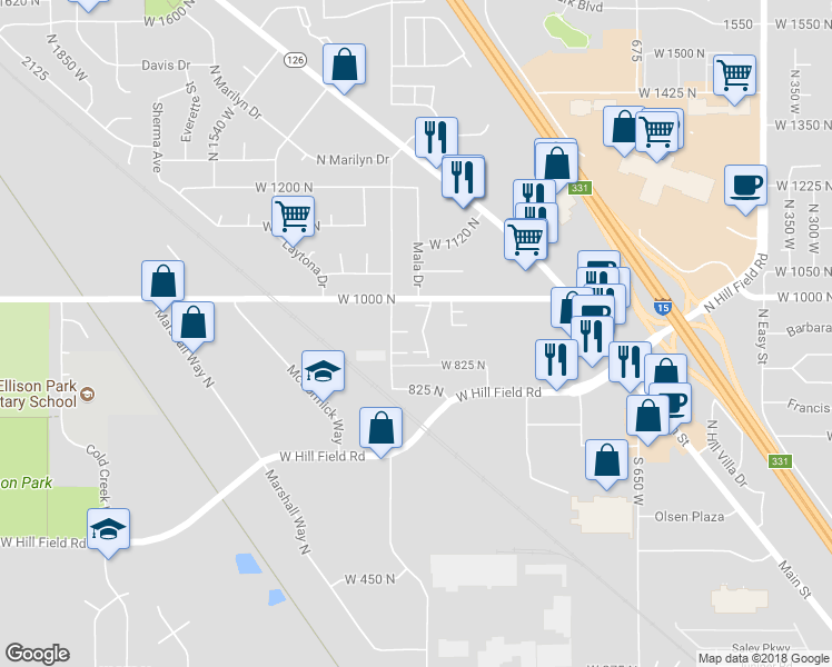 map of restaurants, bars, coffee shops, grocery stores, and more near 935 North 1125 West in Layton