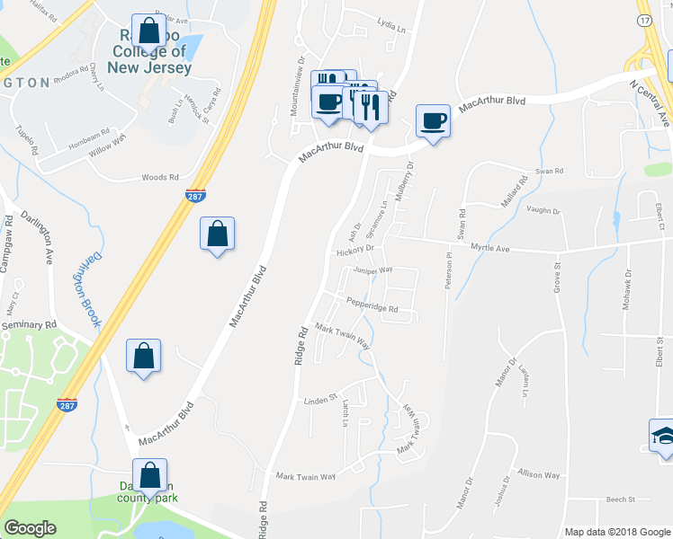 map of restaurants, bars, coffee shops, grocery stores, and more near 954 Juniper Way in Mahwah
