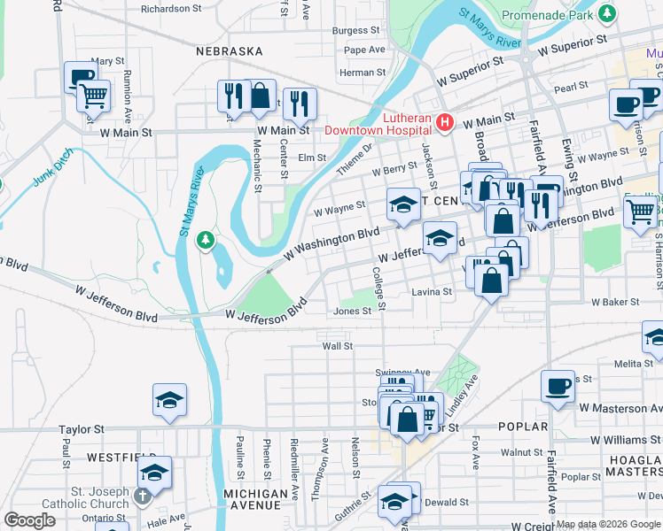 map of restaurants, bars, coffee shops, grocery stores, and more near 1322 West Jefferson Boulevard in Fort Wayne