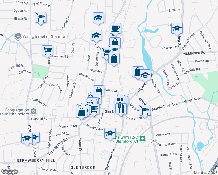 map of restaurants, bars, coffee shops, grocery stores, and more near 56 Elm Tree Place in Stamford