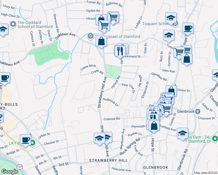 map of restaurants, bars, coffee shops, grocery stores, and more near 21 Upland Road in Stamford