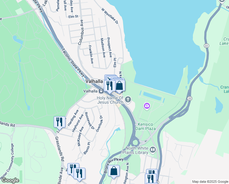 map of restaurants, bars, coffee shops, grocery stores, and more near 2 Cleveland Street in Valhalla