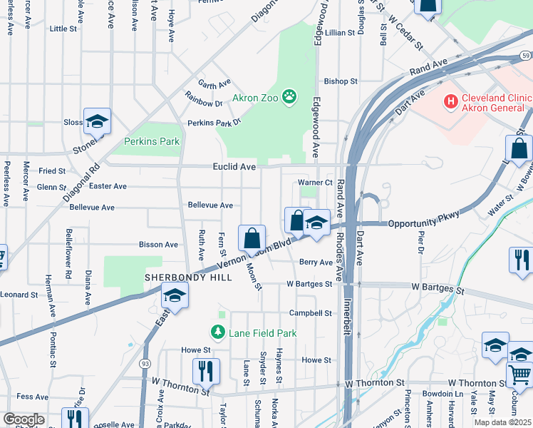 map of restaurants, bars, coffee shops, grocery stores, and more near 759 Mallison Avenue in Akron