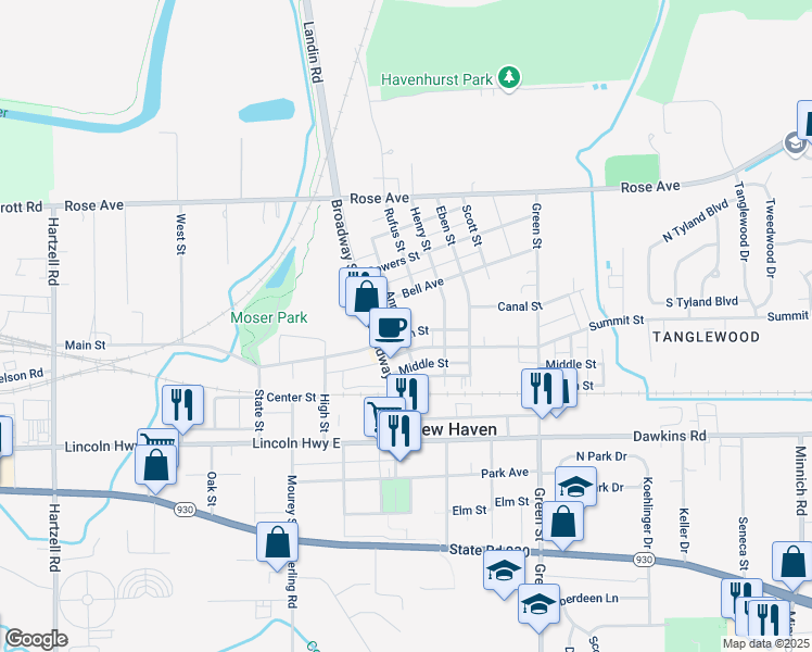 map of restaurants, bars, coffee shops, grocery stores, and more near 505 Broadway Street in New Haven