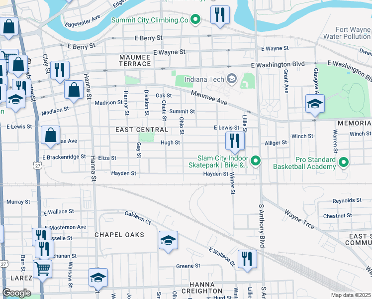 map of restaurants, bars, coffee shops, grocery stores, and more near 1312 Eliza Street in Fort Wayne