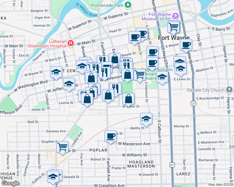 map of restaurants, bars, coffee shops, grocery stores, and more near 419 West Brackenridge Street in Fort Wayne