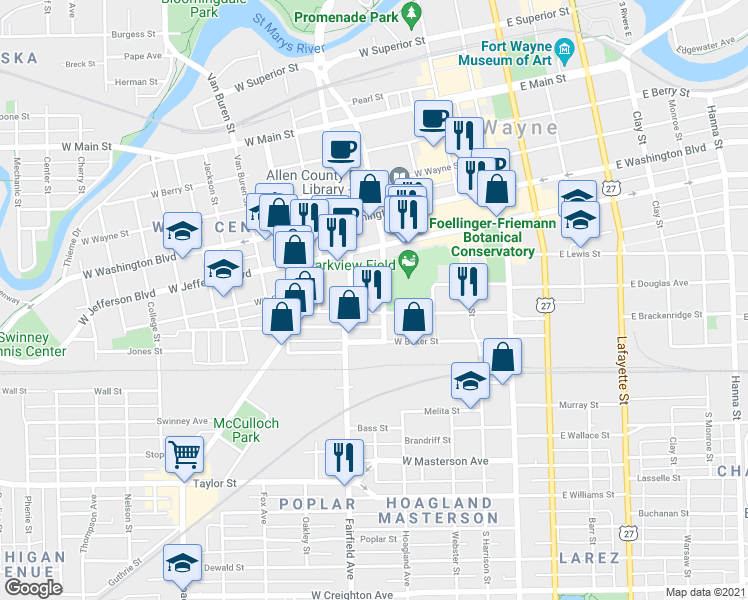 map of restaurants, bars, coffee shops, grocery stores, and more near 419 West Brackenridge Street in Fort Wayne