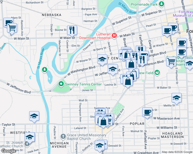 map of restaurants, bars, coffee shops, grocery stores, and more near 1138 1/2 Wilt Street in Fort Wayne
