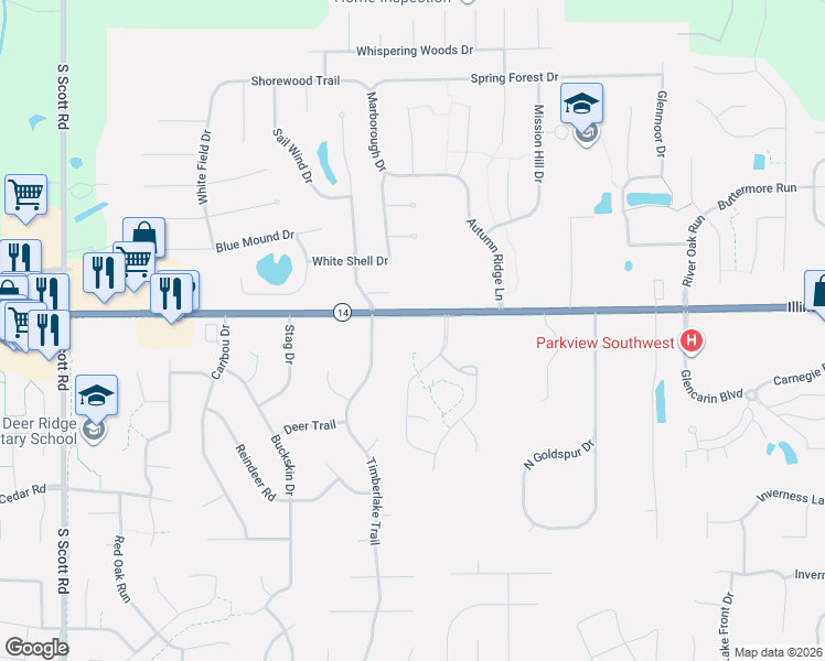 map of restaurants, bars, coffee shops, grocery stores, and more near 1600 Timberlake Trail in Fort Wayne