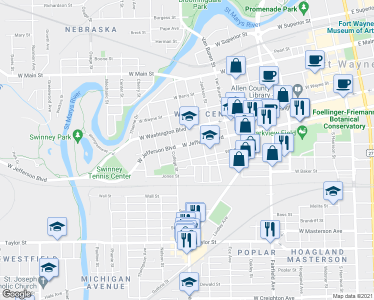 map of restaurants, bars, coffee shops, grocery stores, and more near 1110 Rockhill Street in Fort Wayne