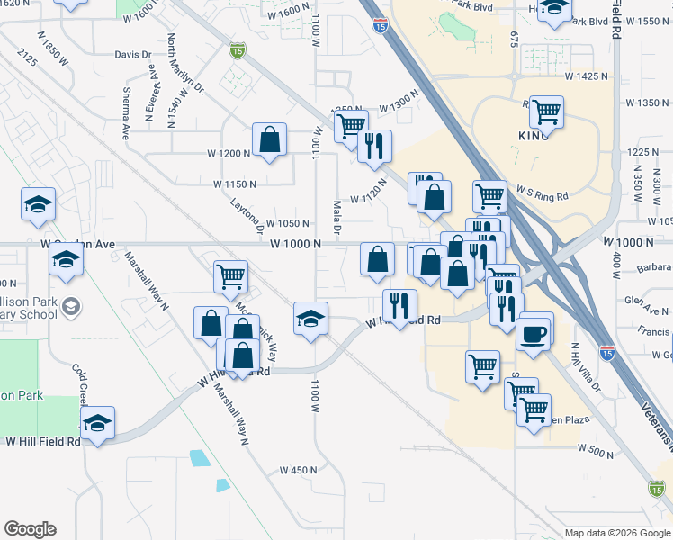 map of restaurants, bars, coffee shops, grocery stores, and more near 935 North 1125 West in Layton