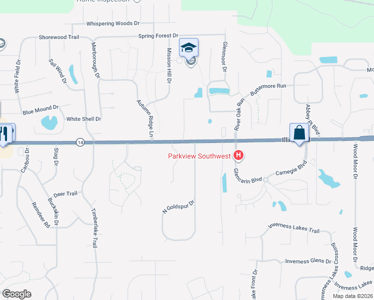 map of restaurants, bars, coffee shops, grocery stores, and more near 1224 East Goldspur Drive in Fort Wayne