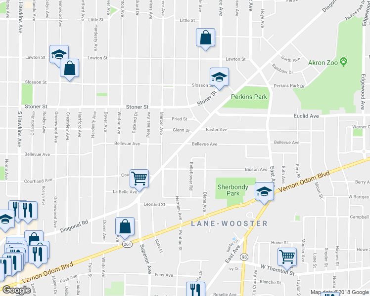 map of restaurants, bars, coffee shops, grocery stores, and more near 1151 Diagonal Road in Akron
