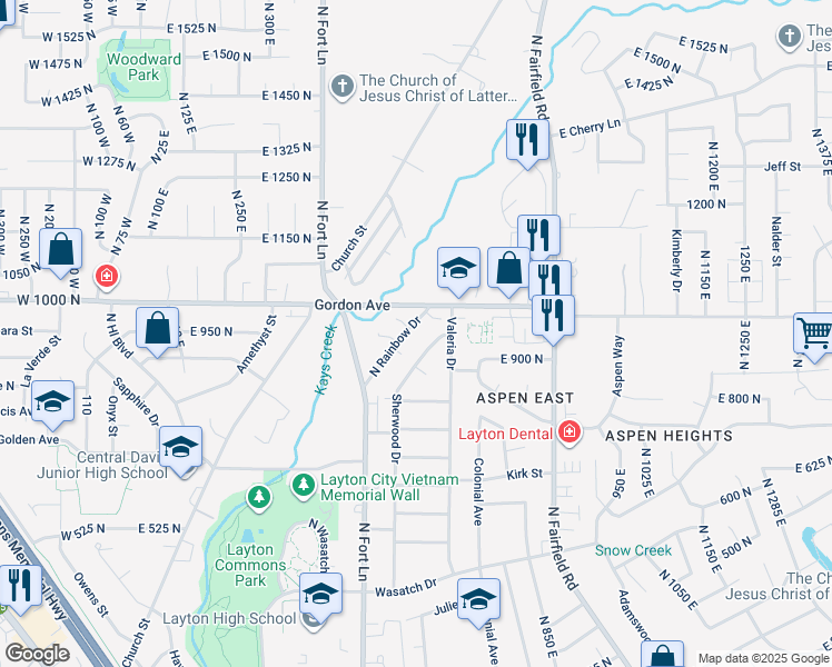 map of restaurants, bars, coffee shops, grocery stores, and more near 956 North Rainbow Drive in Layton