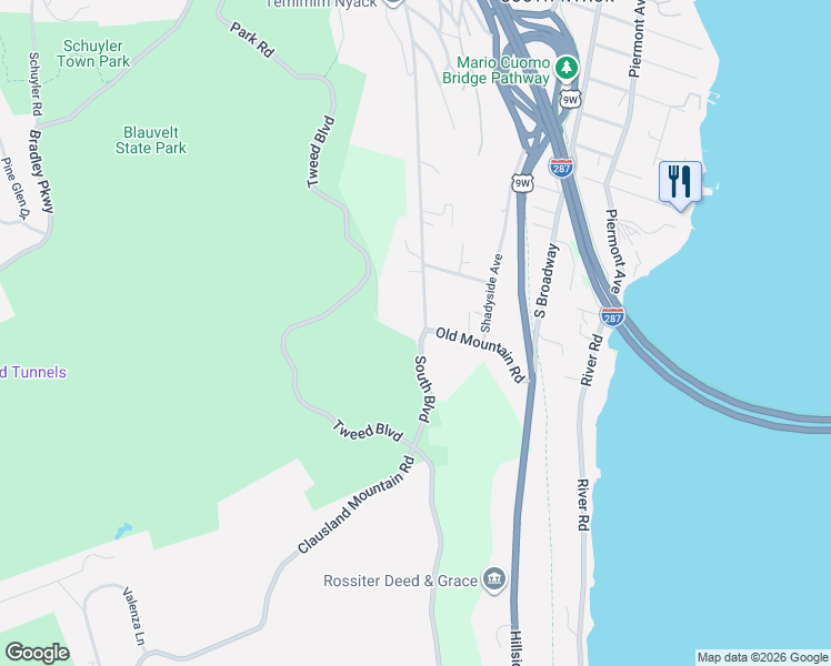 map of restaurants, bars, coffee shops, grocery stores, and more near 267 South Boulevard in Nyack