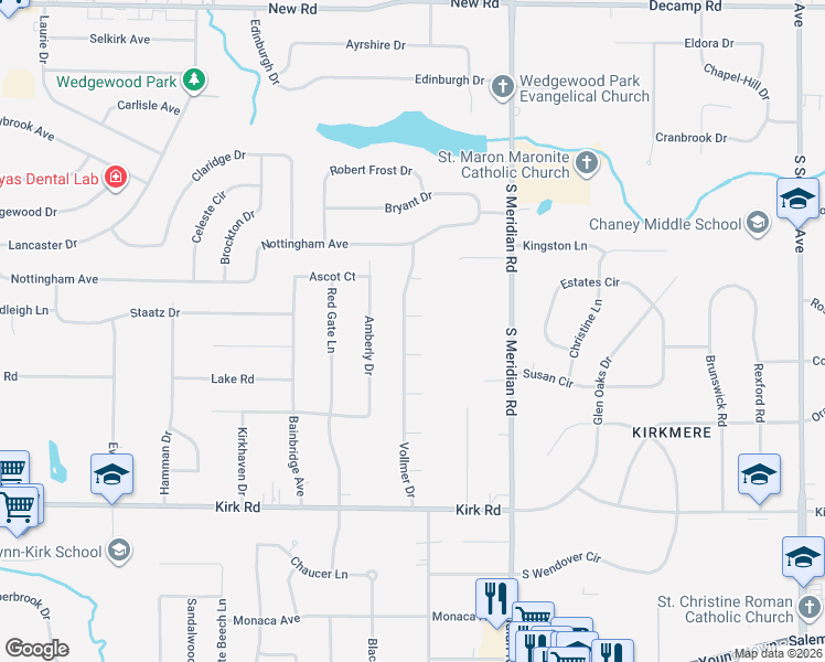 map of restaurants, bars, coffee shops, grocery stores, and more near 2445 Vollmer Drive in Youngstown
