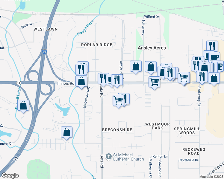 map of restaurants, bars, coffee shops, grocery stores, and more near 5925 Illinois Road in Fort Wayne
