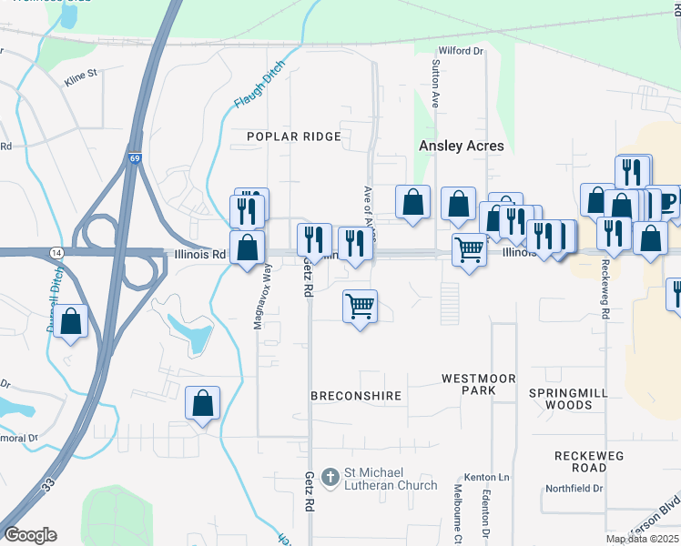 map of restaurants, bars, coffee shops, grocery stores, and more near 5925 Illinois Road in Fort Wayne
