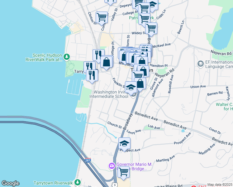 map of restaurants, bars, coffee shops, grocery stores, and more near 25 Miller Avenue in Tarrytown