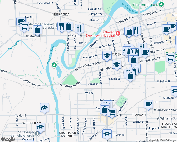 map of restaurants, bars, coffee shops, grocery stores, and more near 1314 West Jefferson Boulevard in Fort Wayne