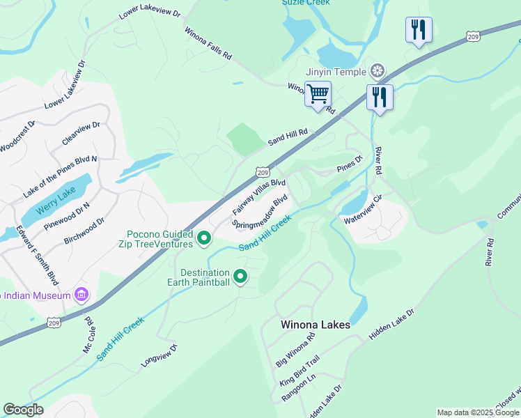 map of restaurants, bars, coffee shops, grocery stores, and more near 1648 Springmeadow Boulevard in East Stroudsburg