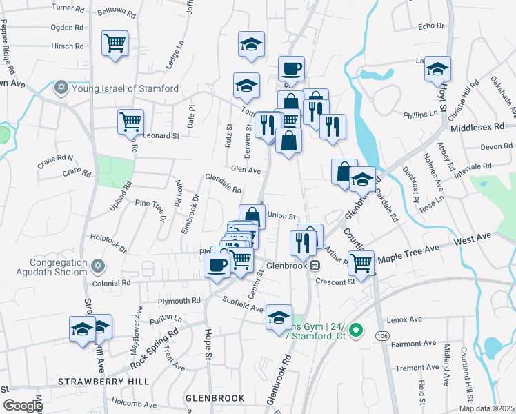 map of restaurants, bars, coffee shops, grocery stores, and more near 65 Glendale Drive in Stamford
