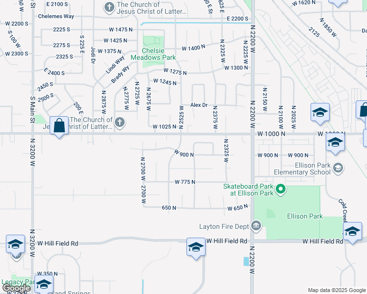 map of restaurants, bars, coffee shops, grocery stores, and more near 2476 West 975 North in Layton