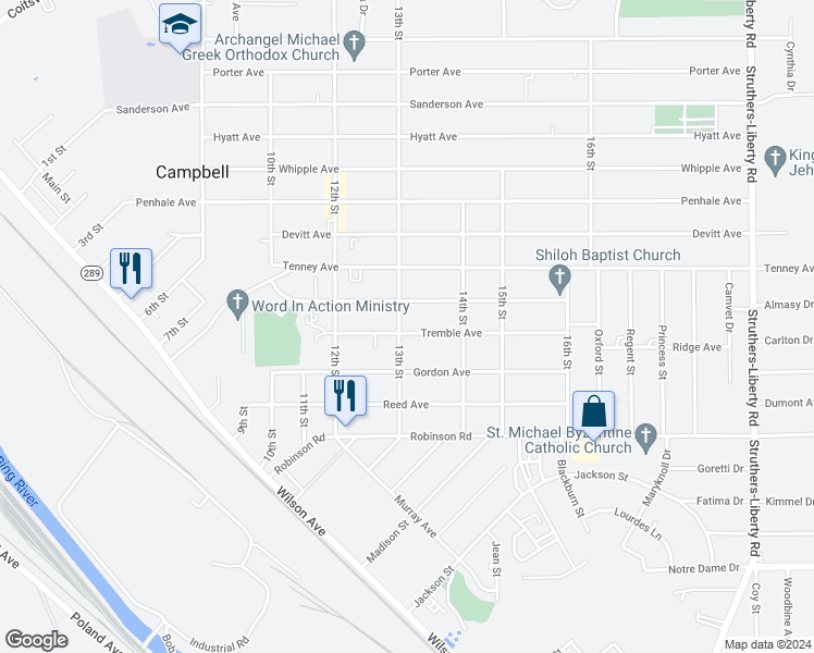 map of restaurants, bars, coffee shops, grocery stores, and more near 74 Tremble Avenue in Campbell