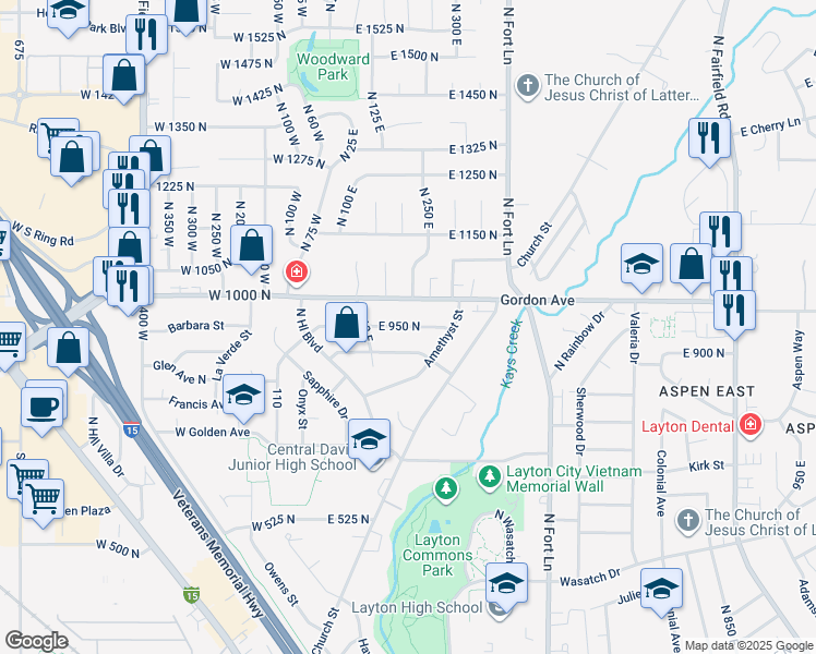 map of restaurants, bars, coffee shops, grocery stores, and more near 160 East Gordon Avenue in Layton
