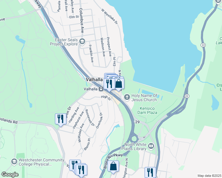 map of restaurants, bars, coffee shops, grocery stores, and more near 20 Madison Avenue in Valhalla