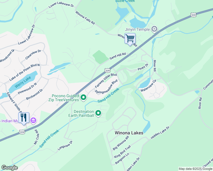 map of restaurants, bars, coffee shops, grocery stores, and more near 1648 Springmeadow Boulevard in East Stroudsburg