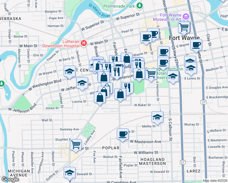 map of restaurants, bars, coffee shops, grocery stores, and more near 1115 Fulton Street in Fort Wayne