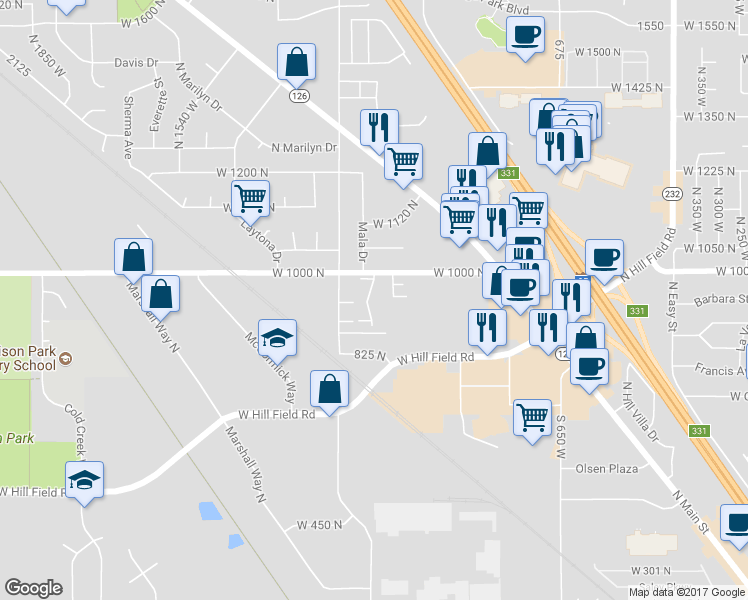map of restaurants, bars, coffee shops, grocery stores, and more near 938 North 1125 West in Layton