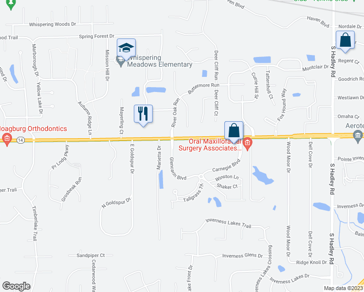 map of restaurants, bars, coffee shops, grocery stores, and more near 8230 Glencarin Boulevard in Fort Wayne
