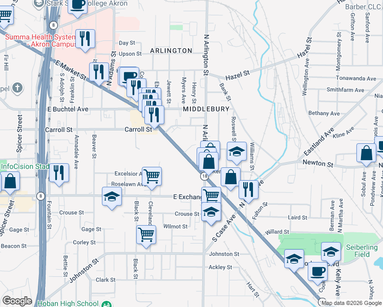 map of restaurants, bars, coffee shops, grocery stores, and more near 20 Maxine Place in Akron