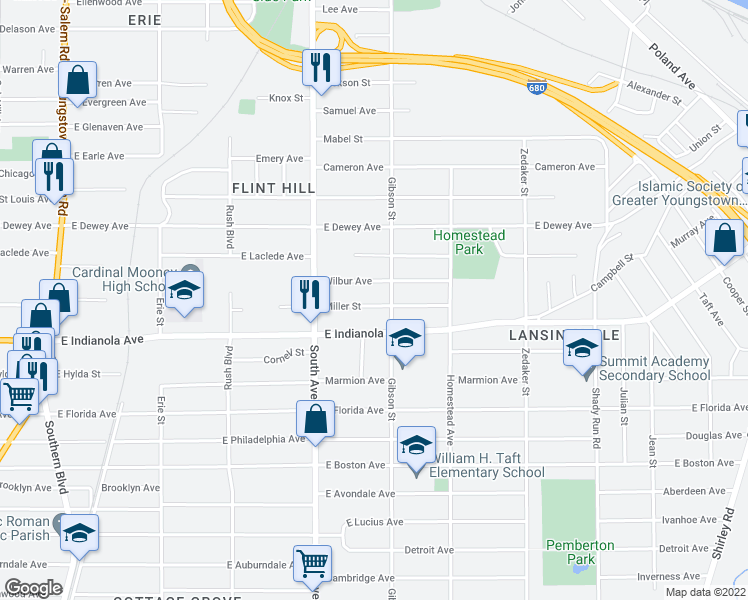 map of restaurants, bars, coffee shops, grocery stores, and more near 564 Miller Street in Youngstown